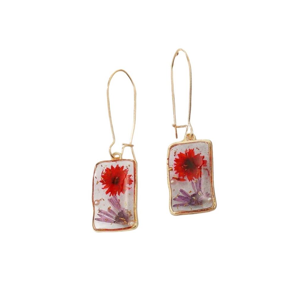 Transparent Square resin red flower earrings Artsy Boho New